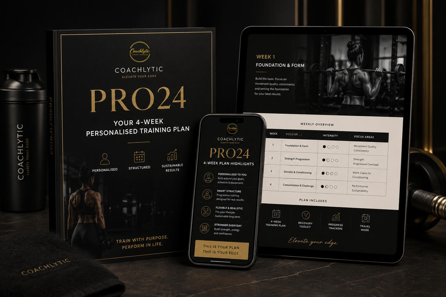 Coachlytic PRO24 personalised 4-week fitness training plan displayed on a laptop, smartphone and booklet for busy professionals.