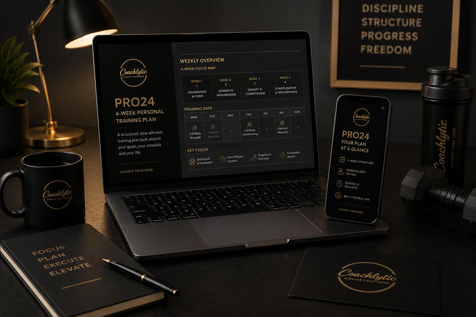 Coachlytic PRO24 personalised 4-week training plan for busy professionals displayed on laptop and smartphone.
